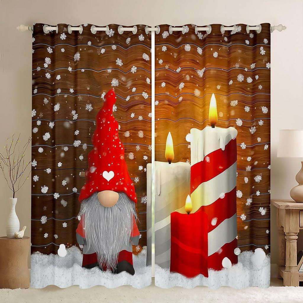 Christmas Gnome Curtain Winter Xmas Theme Window Curtains Snowflake Happy New Year Holiday Room Decor Panels Light Blocking Made Of Polyester