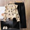 Girls' Outfit Children's Clothing Autumn New Fashion Lace Print Long Sleeve Shirt Wide Leg Pants Two-Piece Set
