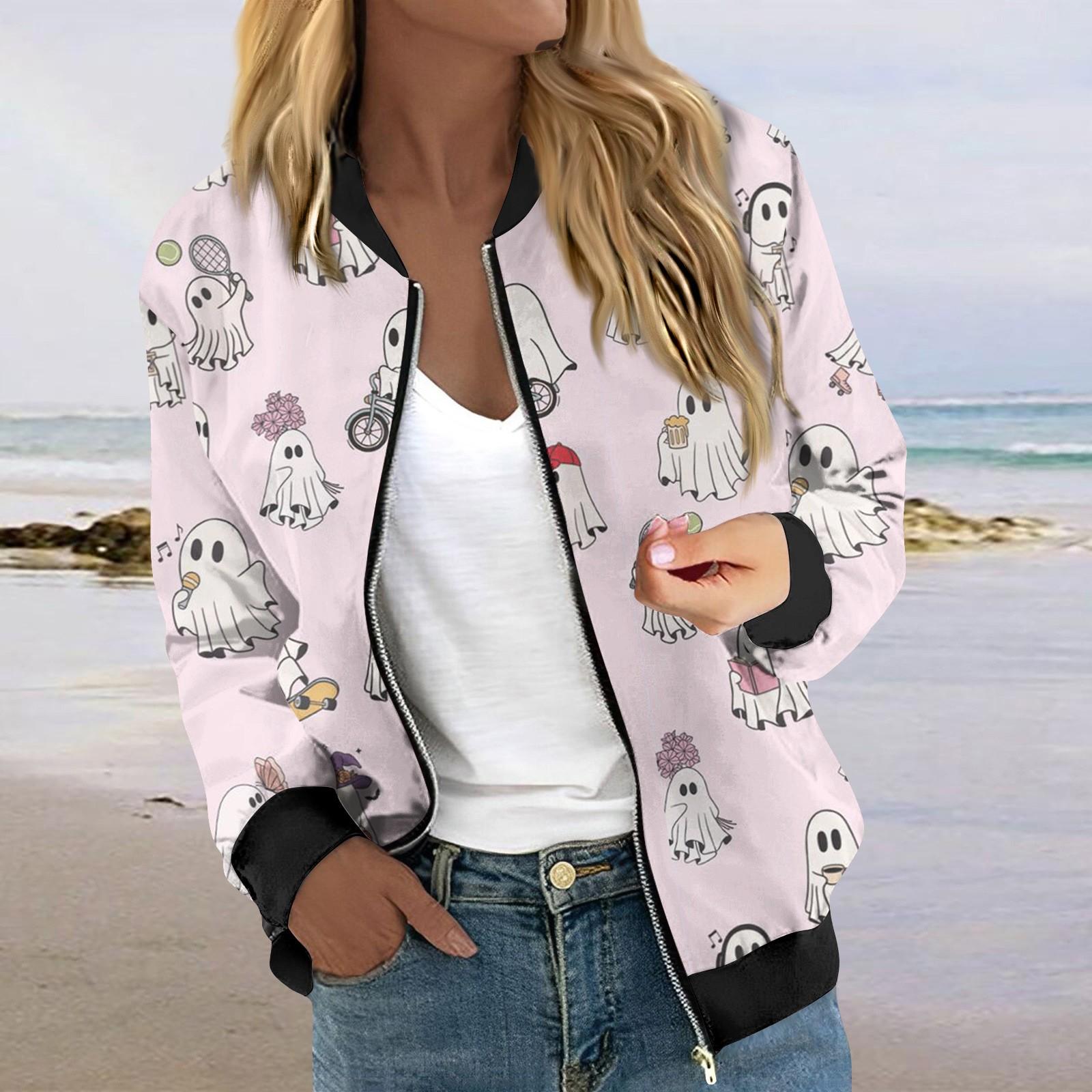 

Куртки для женщин с длинным рукавом, легкие, на молнии, укороченные, с принтом на Хэллоуин, верхняя одежда, повседневные стеганые куртки с карманами XXL розовый
