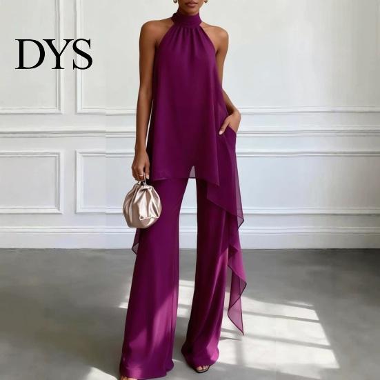 Comfortable Women Outfit Women's Chiffon 2 Piece Sets, Asymmetrical Halter Sleeveless Tops with Plus Size Casual Suit Wide Leg Pants Summer