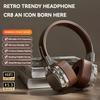 Retro Trendy Wireless Headphone Bluetooth 5.3 Long Battery Life Stereo Music Sport Foldable OverEar Headset with Noise Reduction RGB Light