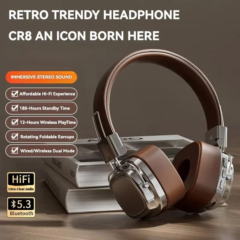 Retro Trendy Wireless Headphone Bluetooth 5.3 Long Battery Life Stereo Music Sport Foldable OverEar Headset with Noise Reduction RGB Light