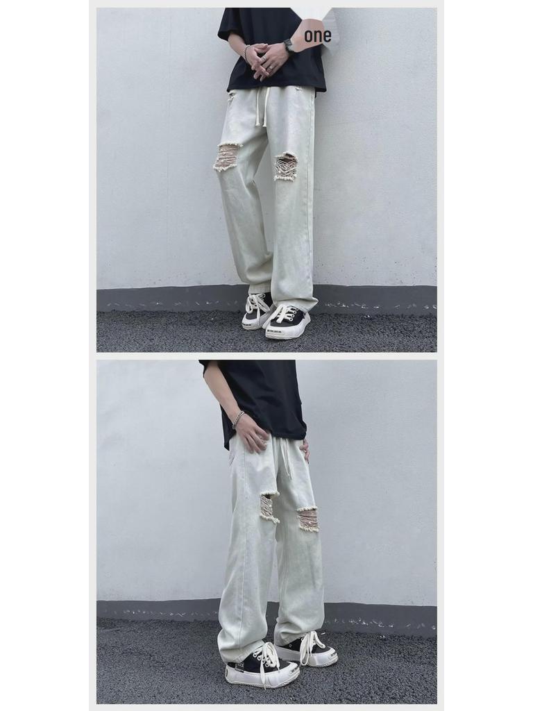 Men's Summer Korean Straight Casual Pants - Retro American Style Ripped Jeans
