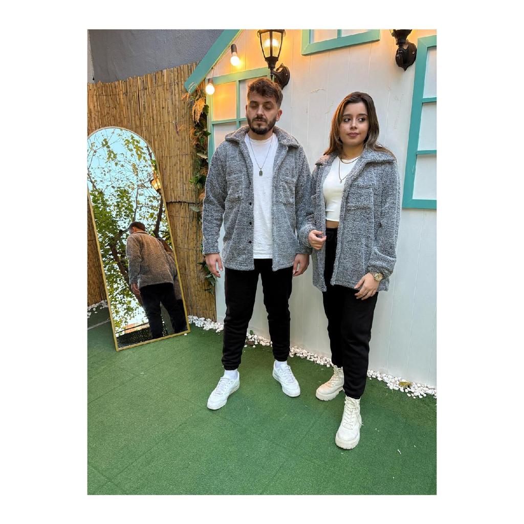 2-piece Men's Plush Jacket With Pockets - Gray Black Winter Shirt Collar