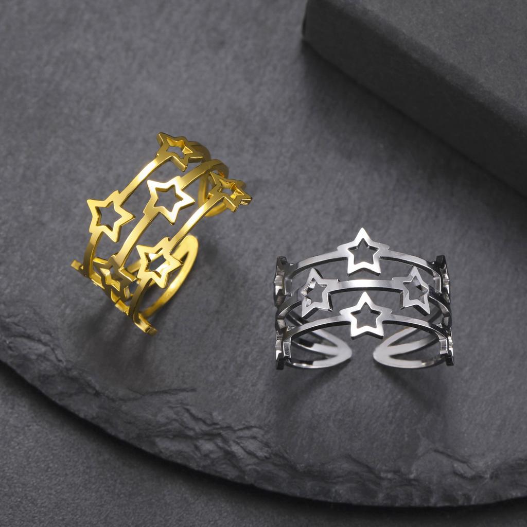 Women's Hollow Stars Ring Stainless Steel Adjustable Open Finger Rings Trendy Jewelry Birthday Gift
