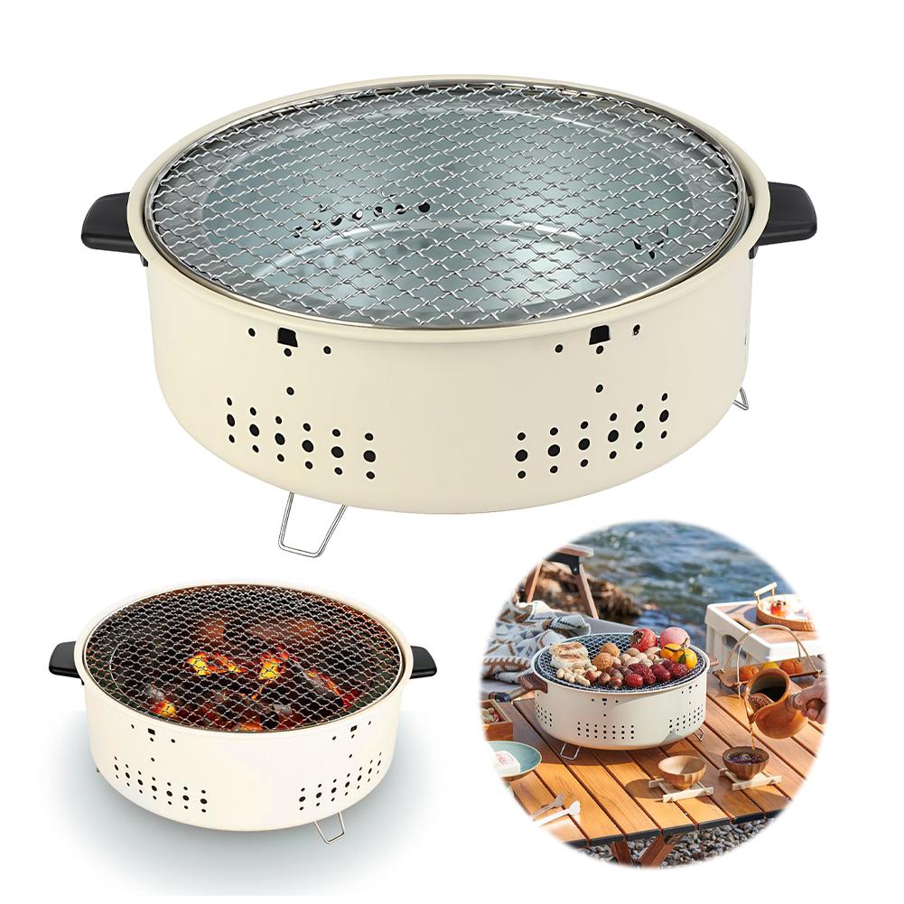 Round Barbecue Stove with Steel Grill Rack Portable Barbecue Grill Round Non-stick Barbecue Rack for Home Outdoor Camping