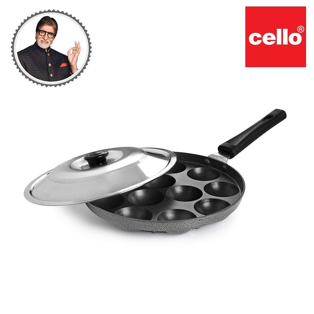 CELLO Non Stick 12 Cavity Appam Pan For Low Oil Cooking With Lid And Handle For Easy Use
