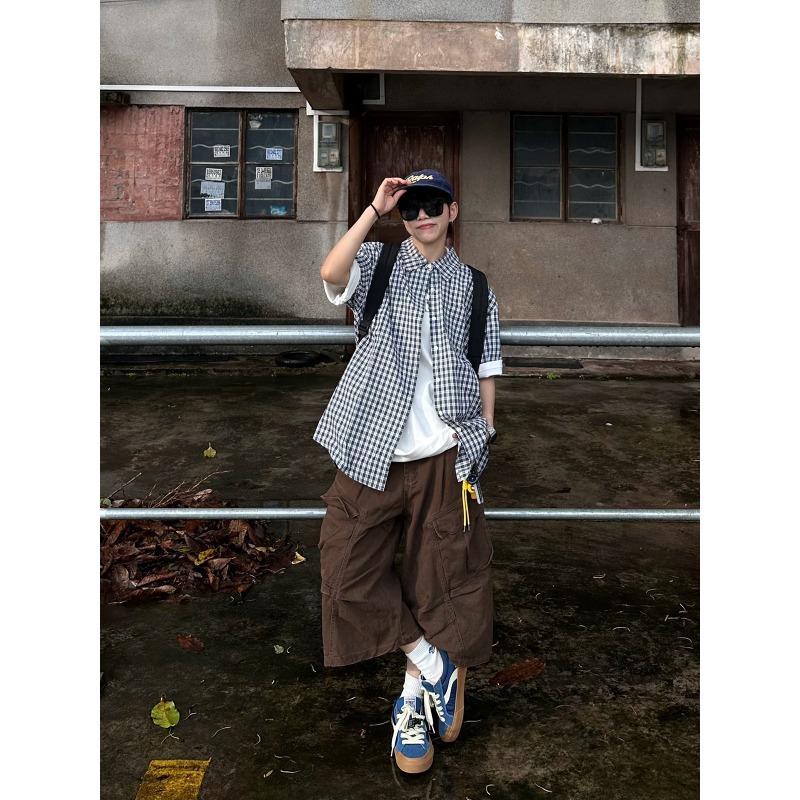 XBRO American Retro Pleated Summer Scimitar Loose Shorts Cargo Pants Cropped Pants Multi-pocket Men's and Women's Wide-leg Pants