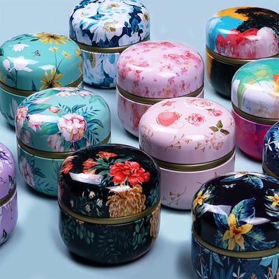 Tea Box Caddy Tea Box Containers Candle Cans Coffee Candy Snacks Sealed Iron Jars Floral Pattern Small Portable Storage Boxes