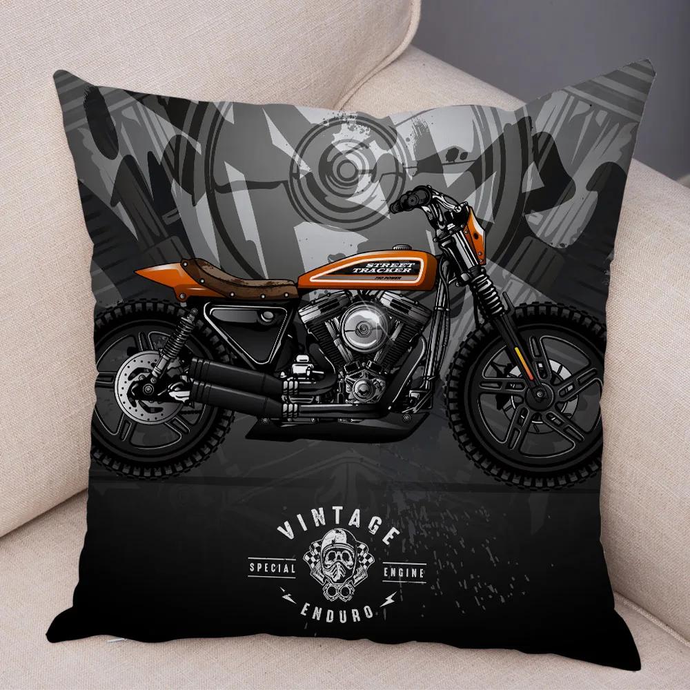 Bunter Motorrad Kissenbezug Dekor Vintage Stil Motorradrennen Kissenbezug Weicher Plüsch Kissenbezug für Sofa Zuhause Auto 45x45cm