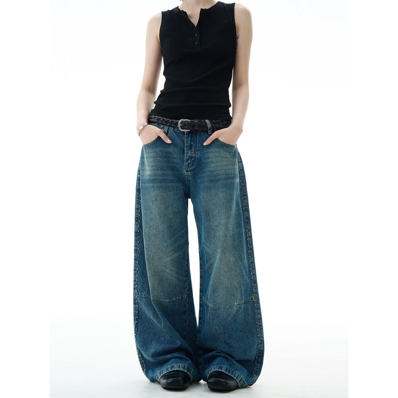 Madwitch American-Style Deconstructed Beaded Washed Denim Pants for Men and Women, Niche Design, Vintage Wide-Leg Pants, Trendy
