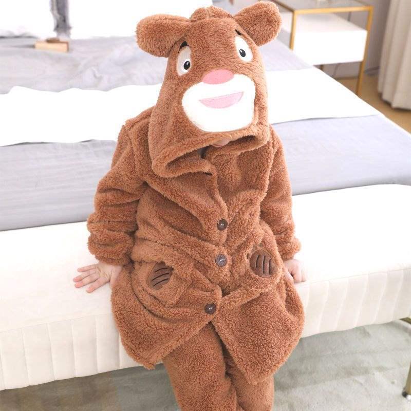 Kids Coral Fleece Pajama and Bathrobe Set - Cute Design for Boys & Girls, Plus Velvet for Autumn & Winter