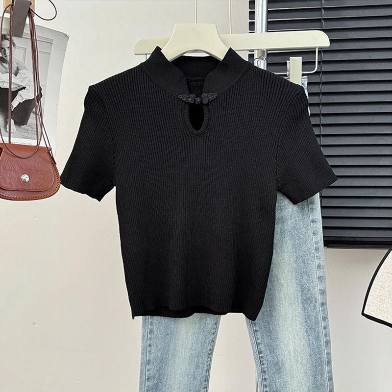 Chinese Style Button Up Stand Up Collar Knitted Sweater Women Spring Summer Tight Fitting Inner Layer Bottom Layer Temperament Short Sleeved Top