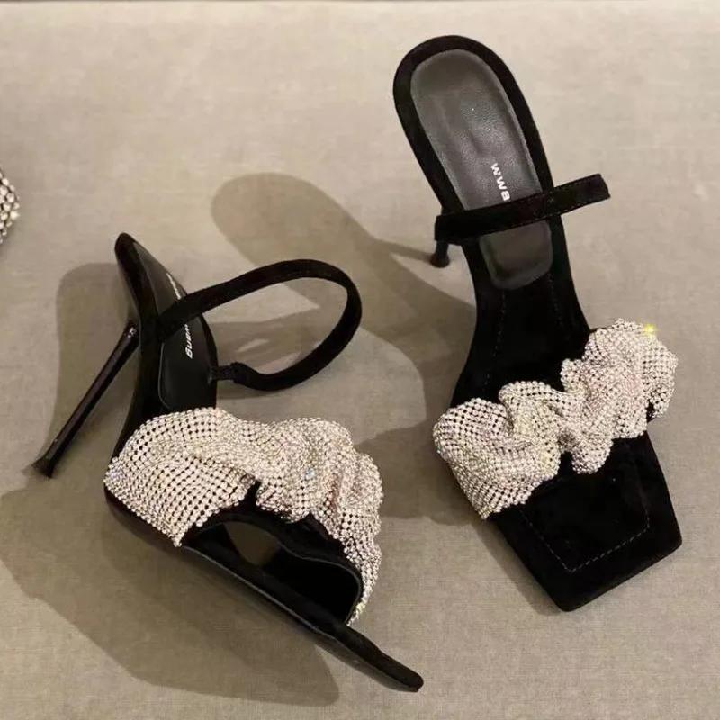 Fashion Glamorous Black Heeled Sandals | Rhinestone Bow & Sexy Stiletto Design