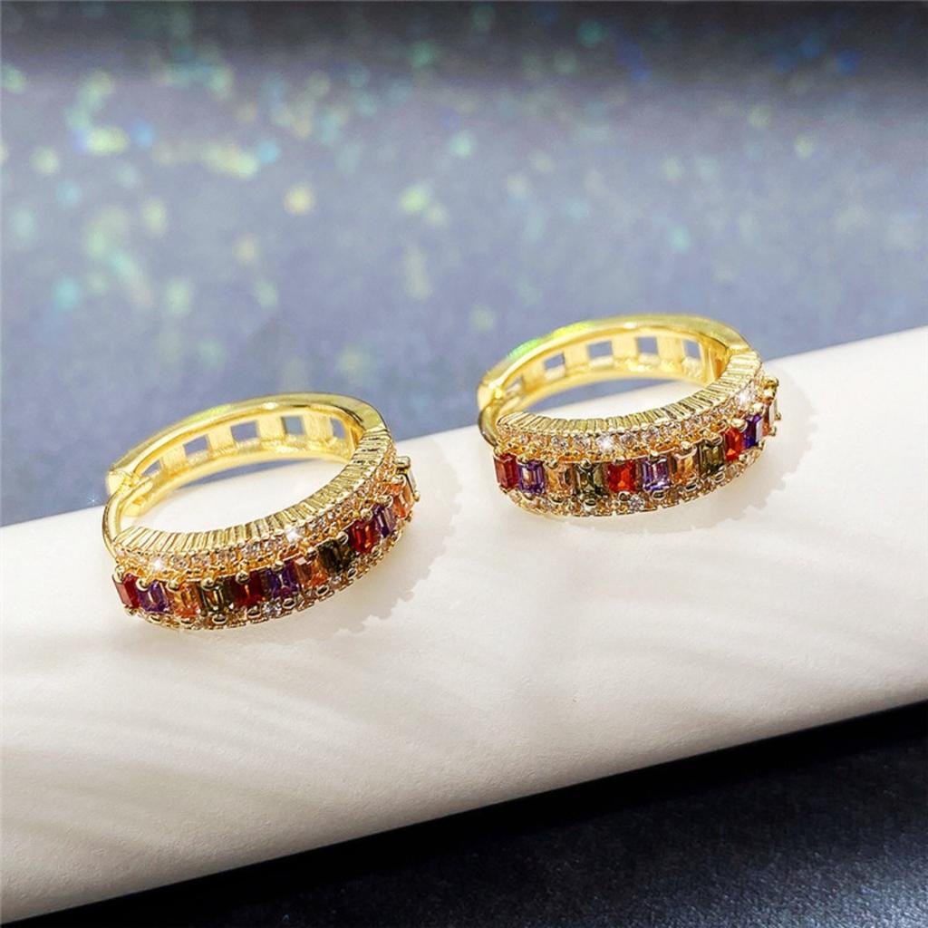 Rainbow Multicolored Stone Hoop Earrings Double Row Shiny Huggie Ear Rings for Women Party Daily Jewelry