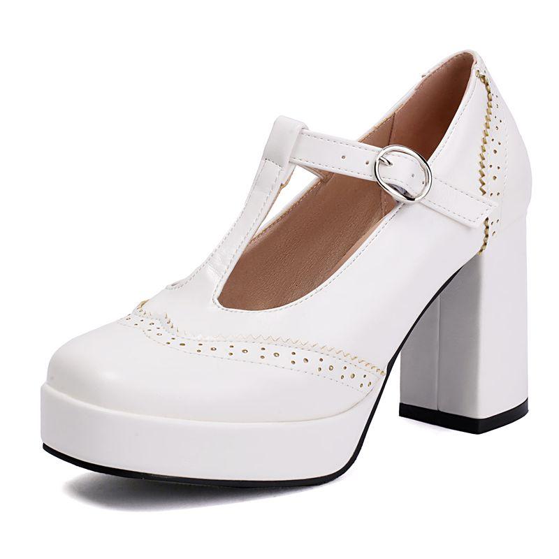 

Классические туфли Мэри Джейн Женские туфли-лодочки Квадратный носок Блочный каблук 9 см Платформа 2 см Т-образный ремешок Большой размер 41 42 43 Винтажная повседневная обувь 39 белый