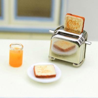 Mini Toster Model 1:12 akcesoriów do domku dla lalek, symulacja miniaturowego tostera z 2 wyjmowanymi tostami do sceny kuchennej