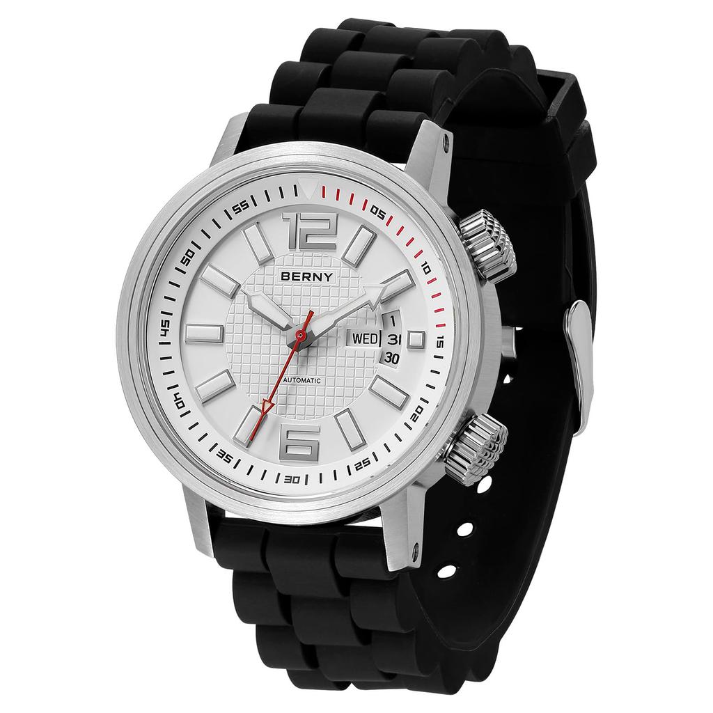 BERNY Men's Automatic Mechanical Dive Watch, Self-Winding, Sport Silicone Strap, 20ATM Waterproof, Sapphire Glass, Super Luminous