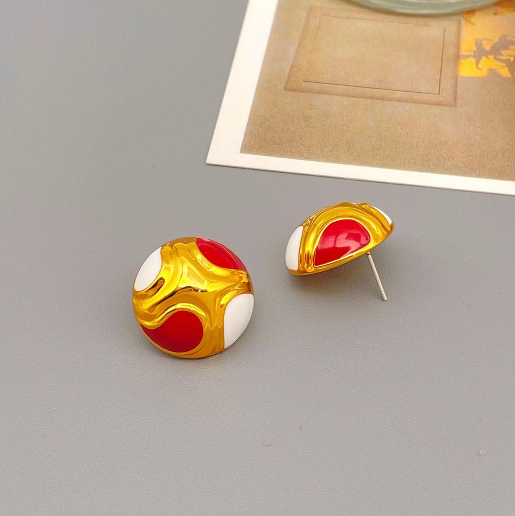 18k Gold-Plated Vintage Enamel Round Earrings with 925 Silver Posts