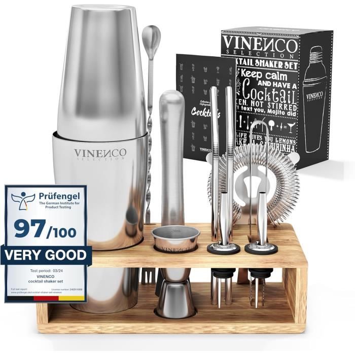 Kit cocktail - vinenco - shaker boston 750 ml - 10 pezzi - acciaio inox spazzolato - elegante cofanetto regalo
