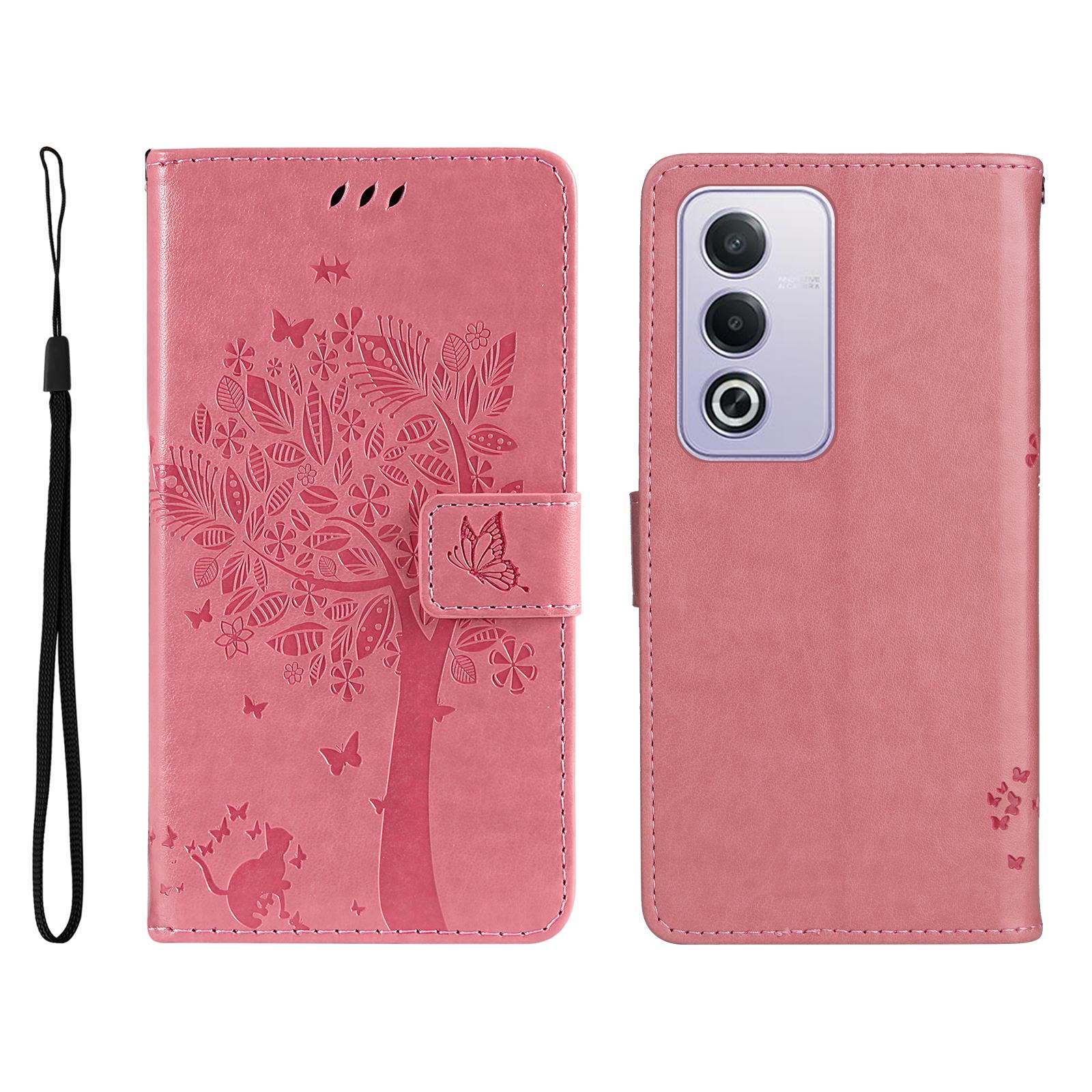 

For Oppo A3 Pro (Global) 5G Phone Case with Stand Cat Tree Pattern Leather Wallet Mobile Cover Pink