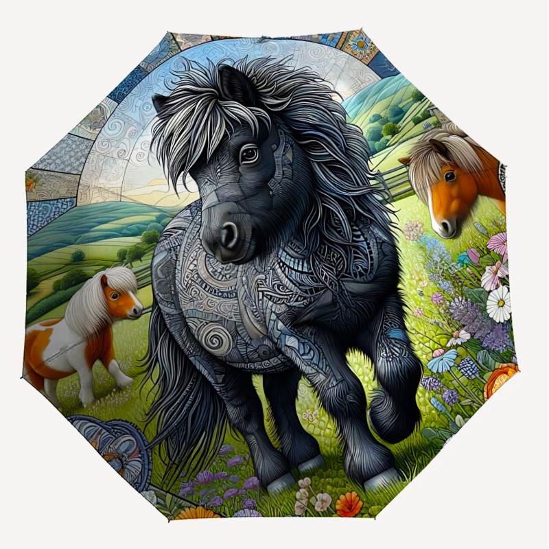 1PC Horse PatternAutomatic Open/Close Umbrella with Windproof, 8-Rib Sturdy Canopy, Durable Ribs, Fashionable Design1233A