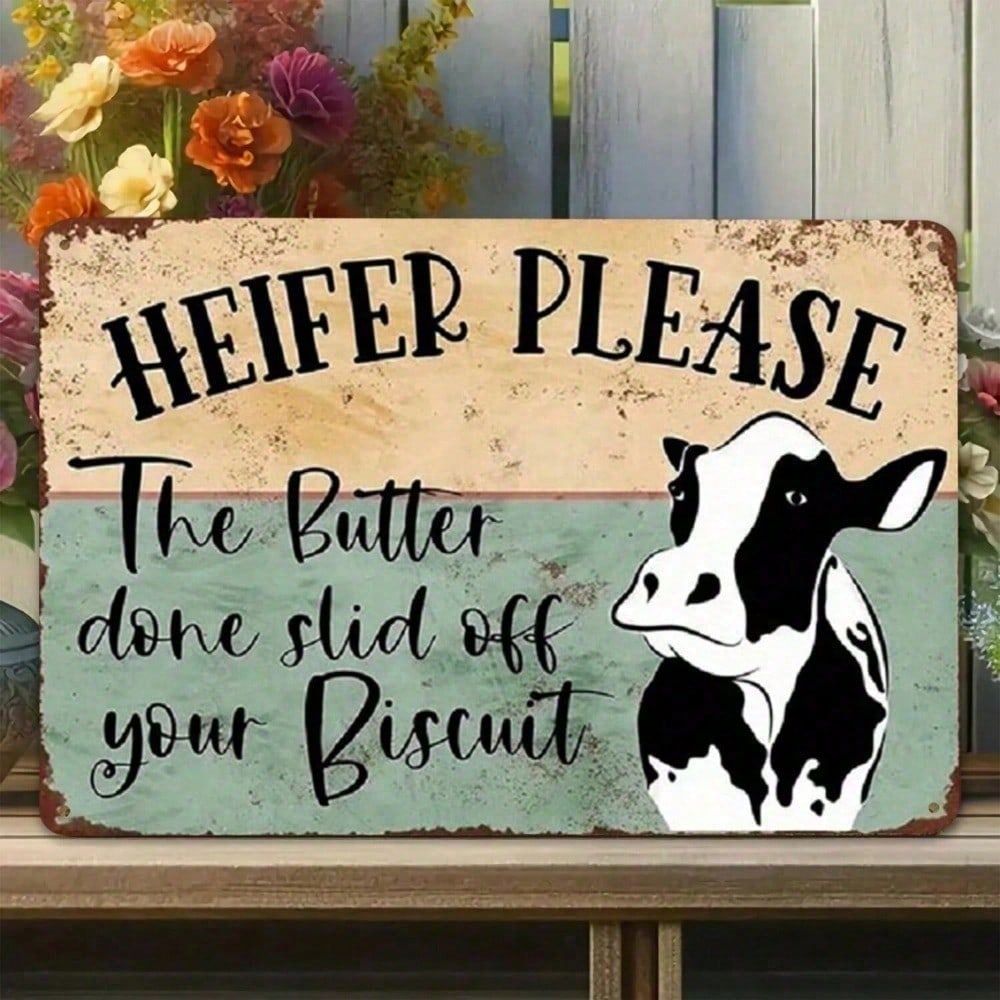 

Vintage Farmhouse Metal Tin Sign - Rustic Cow Wall Art Decor with Funny Heifer Pun, Country Kitchen Cabinets, Bar & Man Cave різнокольоровий