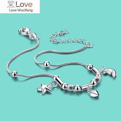 Women's Silver Moon and Star Pendant Ankle Bracelet Simple Style 925 Sterling Silver Anklet Summer Beach Sandals Jewelry