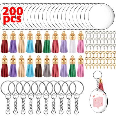 200pcs Acrylic Keychain Blank Set Polished Edges Metal DIY Keychain Blanks with Coloured Tassels
