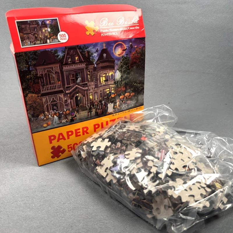 500 Parça Puzzle Kar Kaplı Kulübe Tatil Köyleri ile Sıcak Noel Sıcaklığını Tadın Parıldayan Tatil Süslemeleri Rahat Kış Arka Planları Kucakla