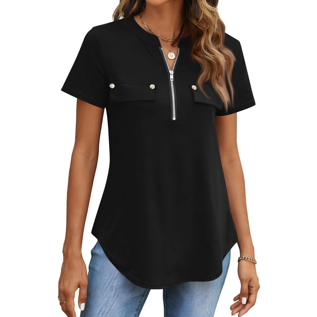 Damen Casual Top mit kurzen Ärmeln, Reißverschluss vorne, Umlegekragen und dekorativen Pattentaschen für den Alltag