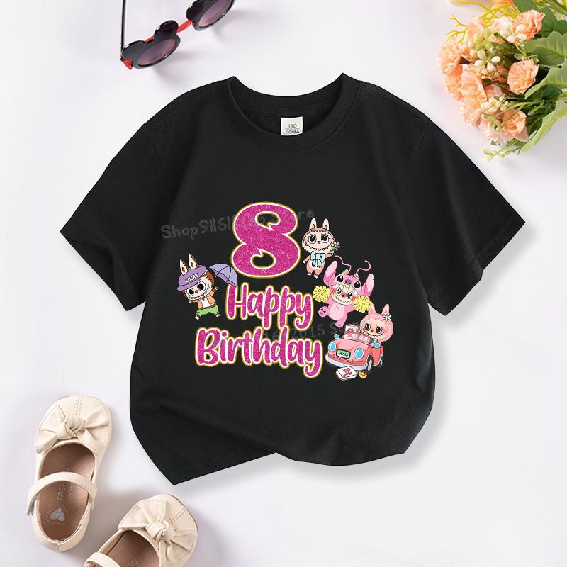 Narozeninové tričko Labubu Girl Roztomilé dětské tričko s krátkým rukávem a číslem Batolecí oblečení Kreslené potisky Topy Letní dětské oblečení