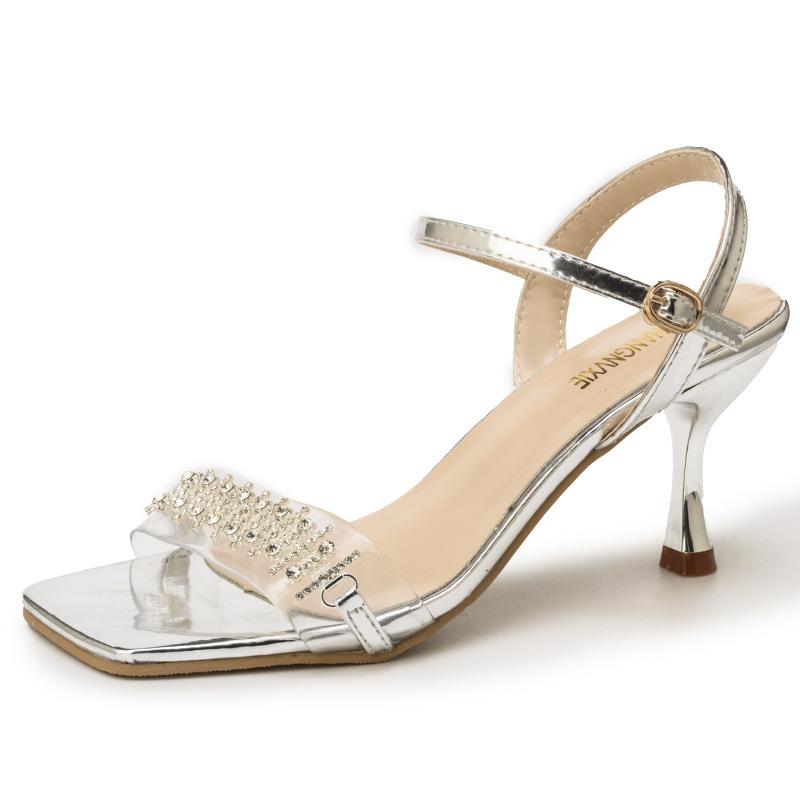 

Summer new fairy wind word with rhinestone gold square head sandals female open toe sexy sparkling high heels 34 серебряный