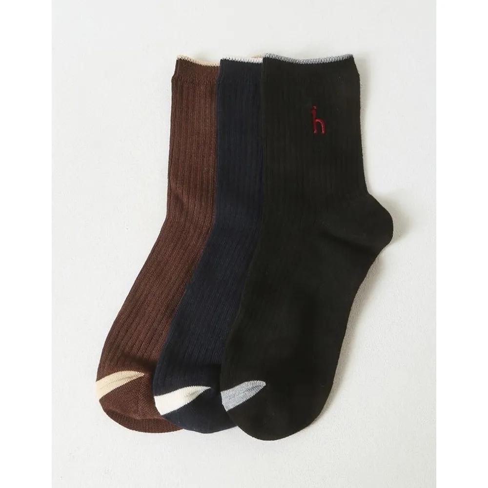 [26SS] Brown Line Color Block Cotton Blend Mid-calf Socks 3-Piece Set HISS6E230W2