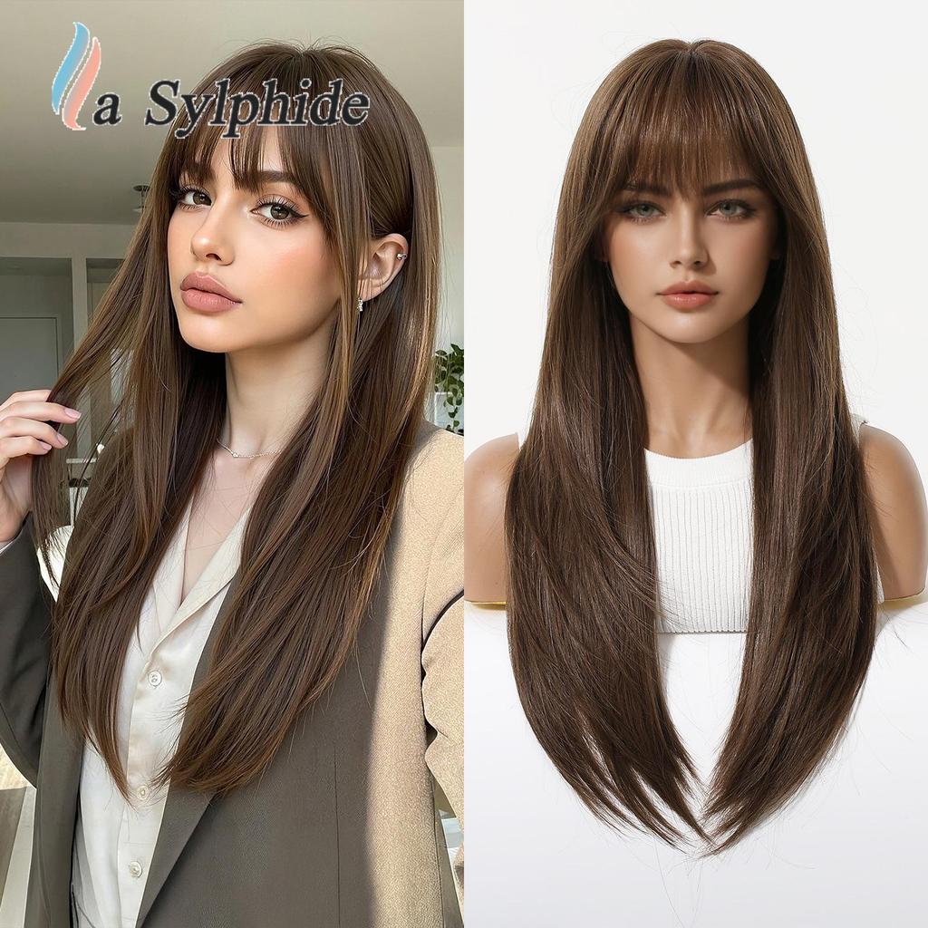 Women's Long Layered Curly Wig with Straight Bangs, Brown Highlights, Full Head Cover, Machine-Made with Chemical Fiber Rose Net, 2026 Hot Style.