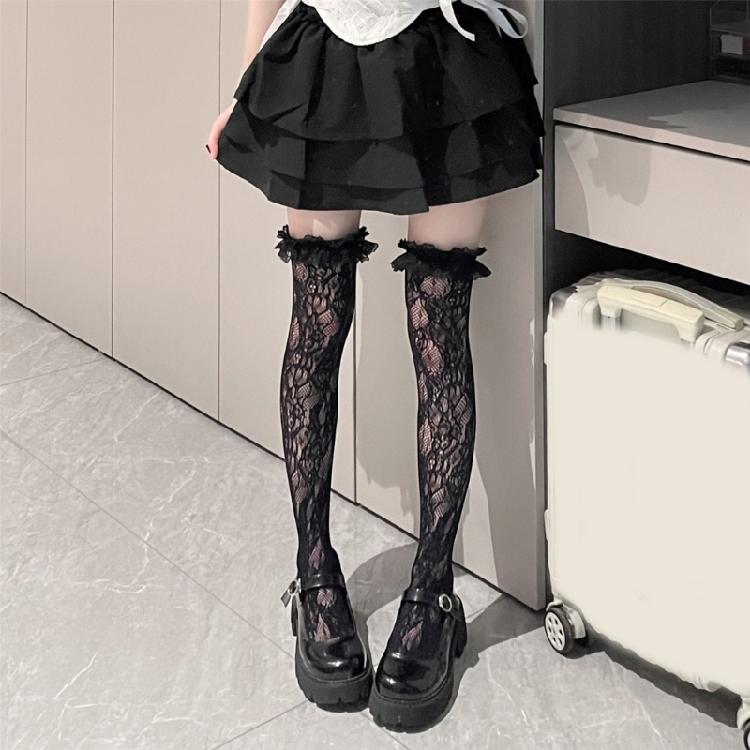 Thigh Highs Stockings with Ruffle Trim Women Flower Lace Fishnet Over Knee Socks