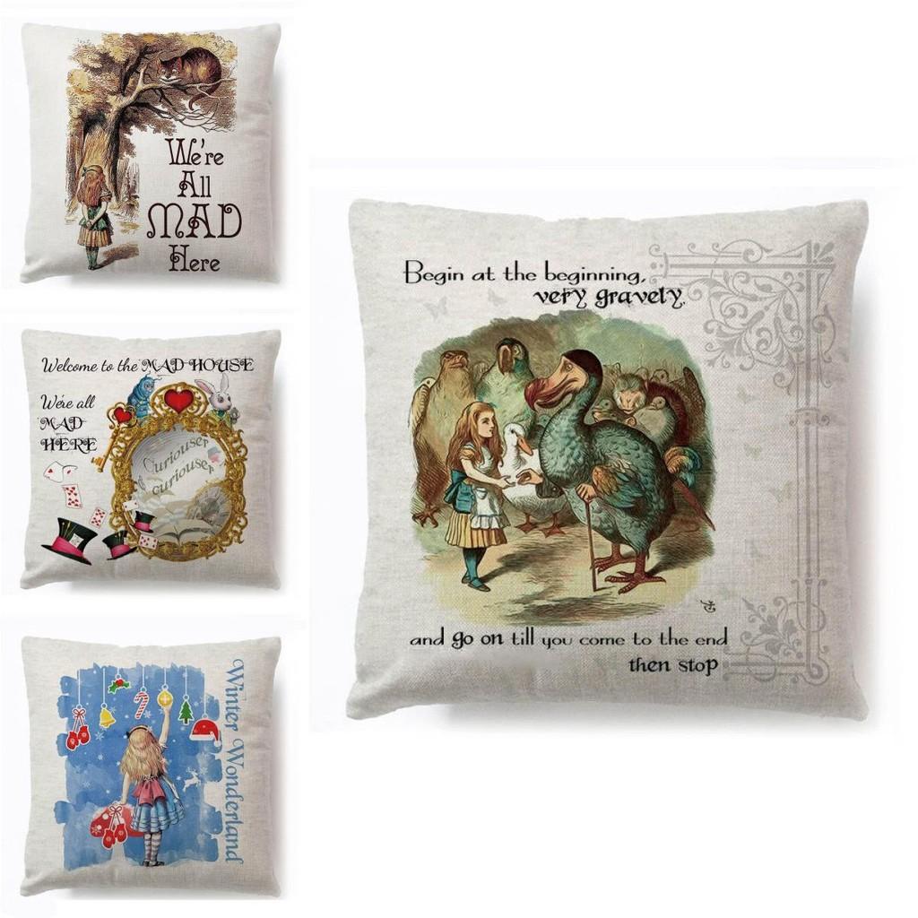 Alice In Wonderland Cartoon Pillow Case Cotton Linen Square Cushion Cover**
