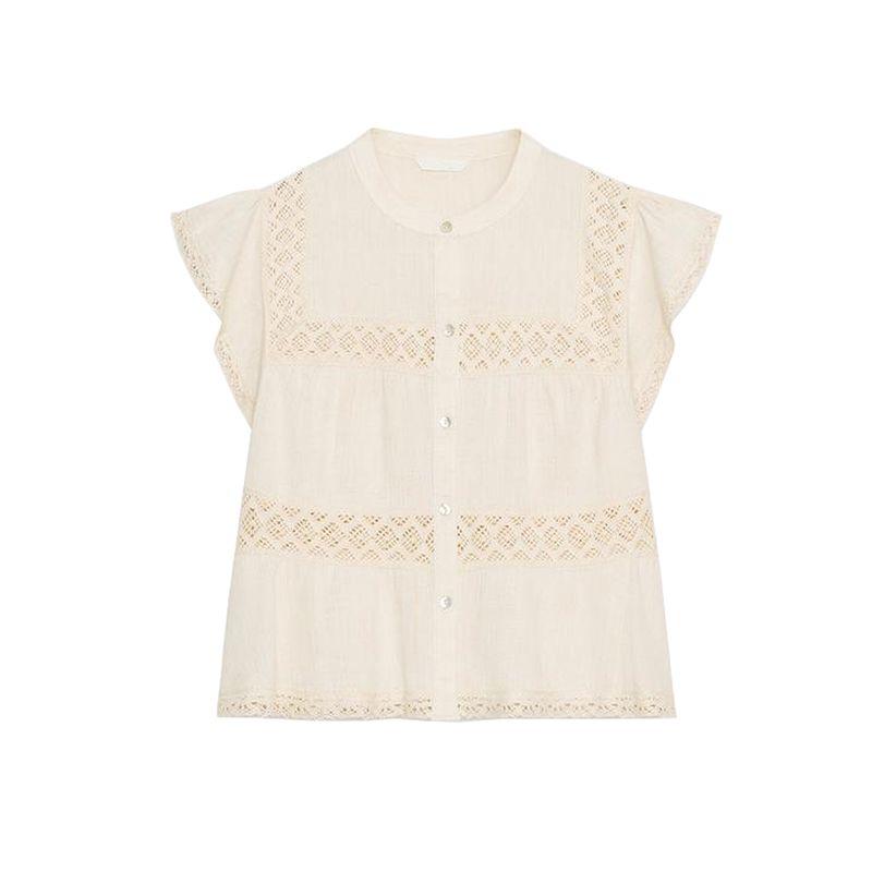 Summer Women's Clothing Single Row Multi-Buckle Round Neck Super Short Sleeve Straight Lace Crocheted Vacation Style Tops 3666107