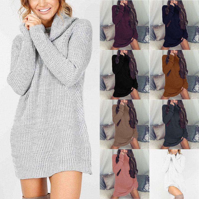 Elegant Women's Warm Knitted Jumper Mini Dress With High Neck Chunky Sweater Top