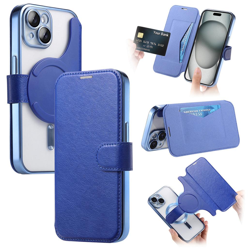 For iPhone 15 Plus Case Compatible with MagSafe Detachable Leather Phone Cover with Lens Film