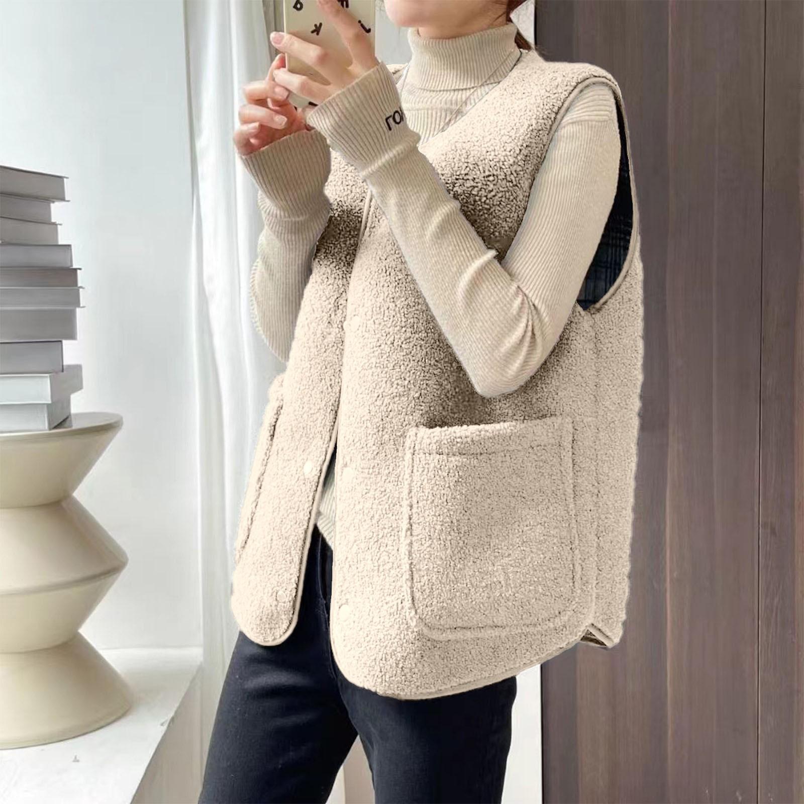 

Женский и зимний жилет из искусственной овечьей шерсти в клетку, жилет с круглым вырезом, двусторонний жилет из зернистого флиса M бежевый