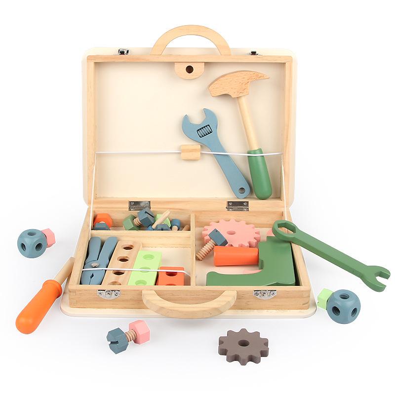 Children's Wooden Tool Box: Educational Workbench Toy for Boys with Simulation Repair, Screw, Nut Disassembly & Assembly Activity.