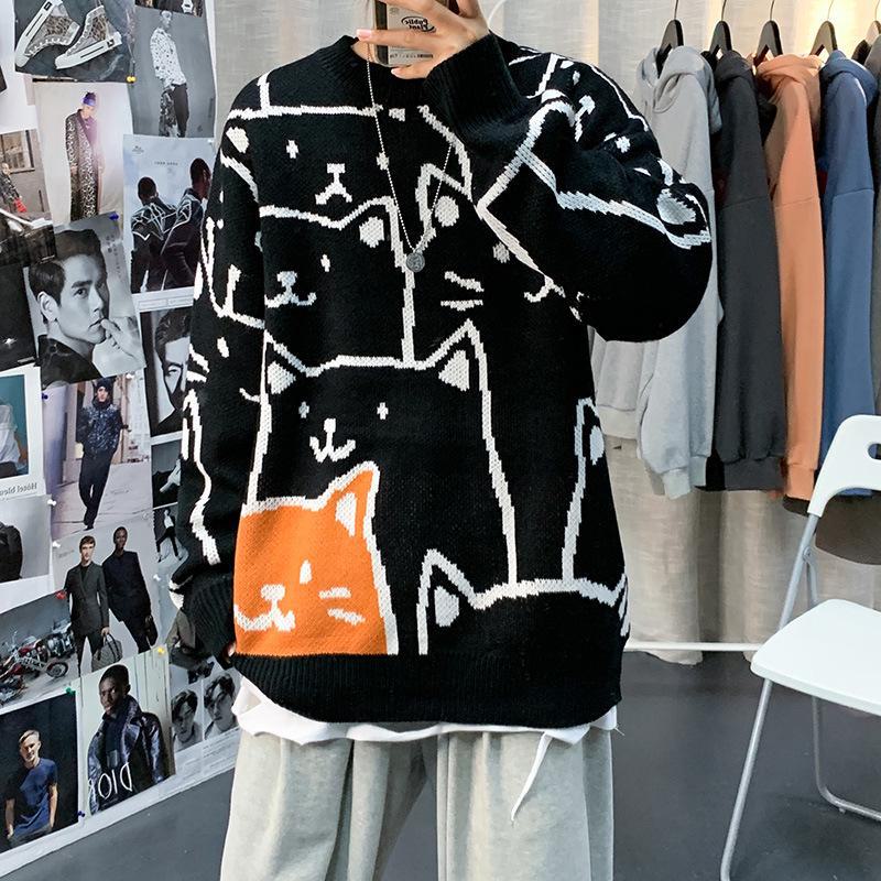 

Мужской модный свободный свитер Cat, осень/зима 2021 г. — унисекс, круглый вырез в корейском стиле XXL чёрный