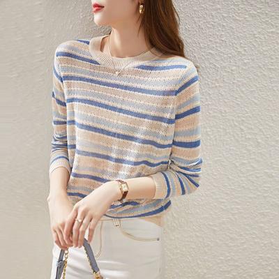 Hollow Knit Sweater Thin Striped Women's Patchwork Loose and Slimming Top Trendy