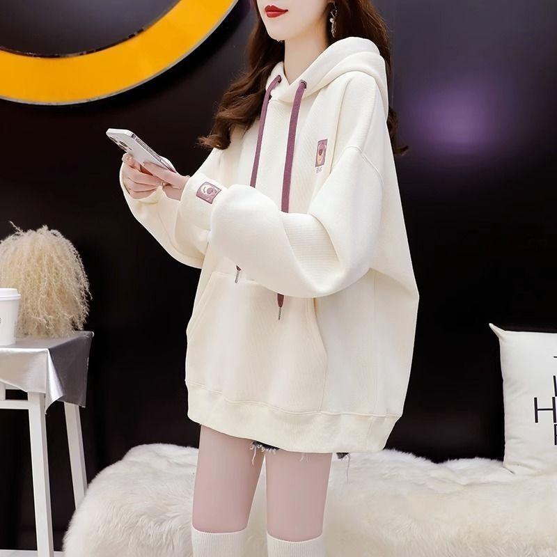 

Women s Velvet Thickened Hooded Sweatshirt Autumn and Winter Korean Style Loose Fogn Style Versatile Jacket Top L абрикосовий