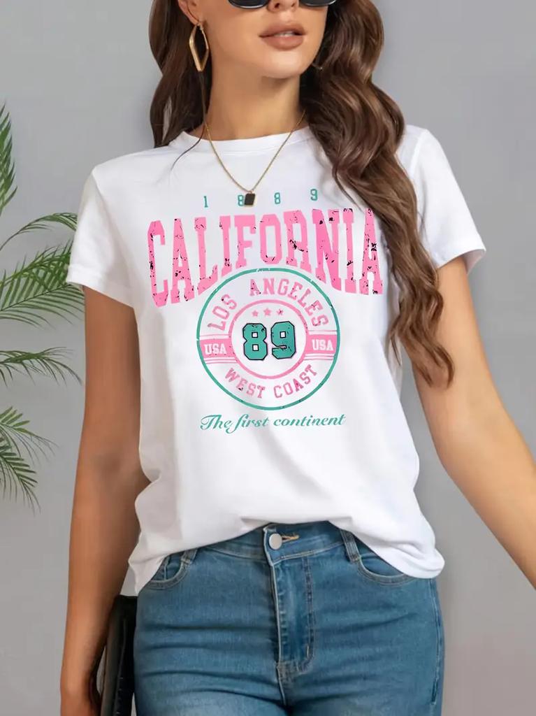 Fashion Letter Printed Tshirt Crew Neck Los Angeles Womens Unisex Shortsleeved Retro Street Y2K Casual Tops Clothing