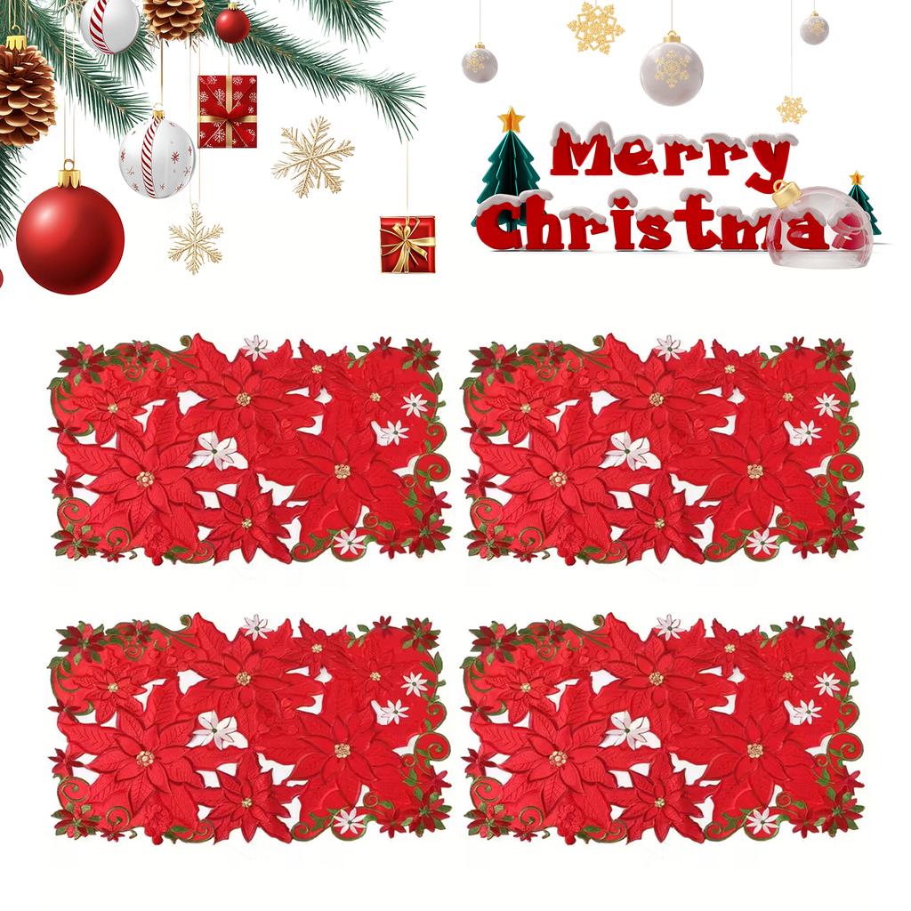 4 Pcs Christmas Embroidered Flower Rectangular Table Mats 11.02x16.93in Red and Green Placemats Table Doily for Home and Kitchen