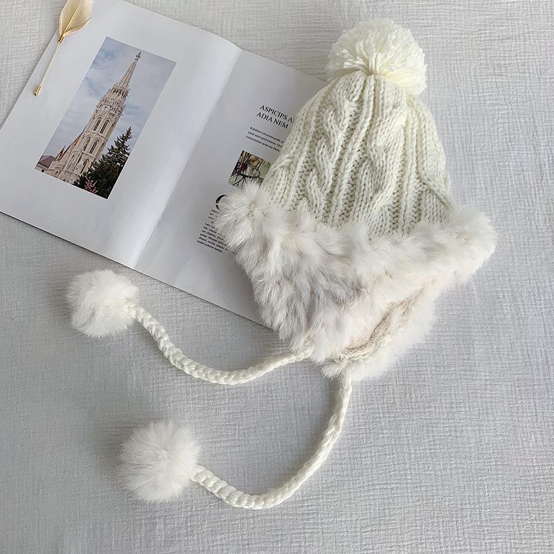 Women s Korean Style Cute Pom-Pom Earflap Hat - Autumn/Winter Warm Woolen Rabbit Fur Knit One Size - Genuine Rabbit Fur (Hot Sale) белый