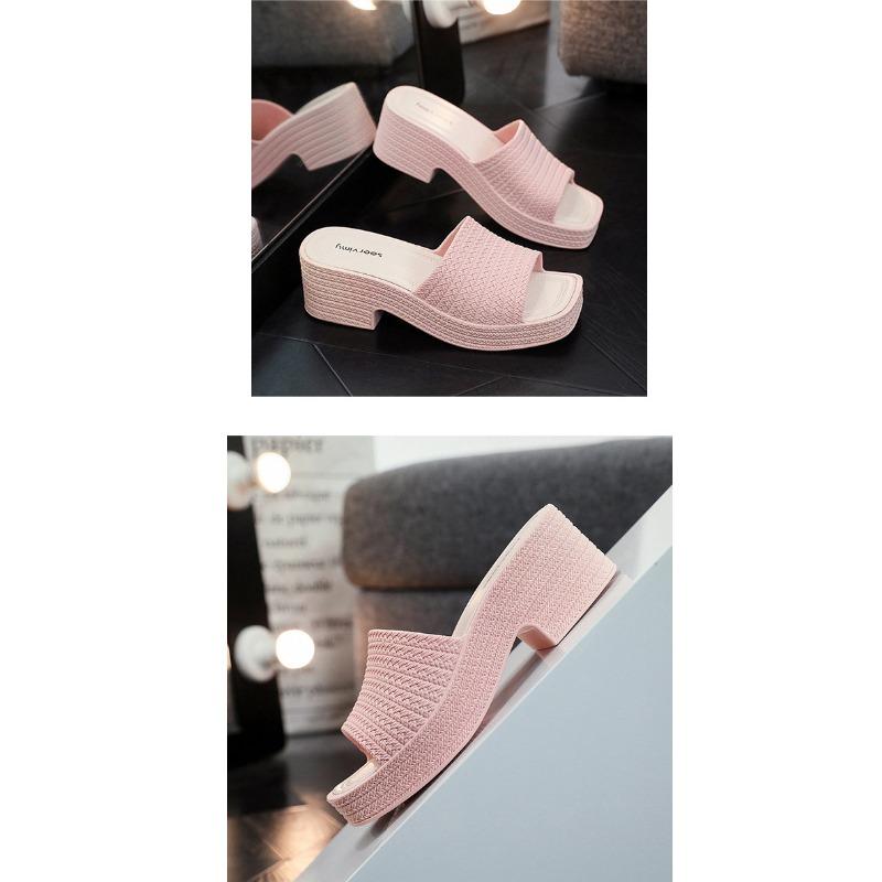 Léto Nové Silná podrážka Vysoký podpatek Francouzské svrchní oblečení Protiskluzové Dámské sandálové pantofle Lehké tlusté podpatky One Line Shower Vyvýšené pantofle