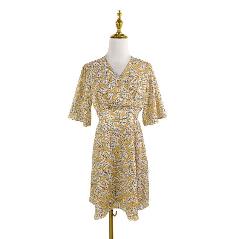 

B7121 Экспорт Новое поступление Женская одежда Платье с перекрестным V-образным вырезом и высокой талией Модное стройнящее платье с принтом Маленькое платье Платье Yellow bottom white flower M